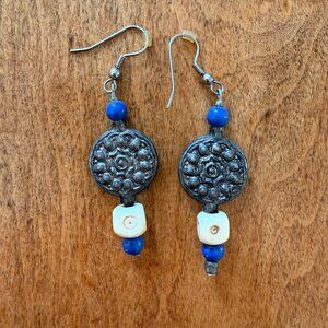 Boho hippie blue and silver-toned metal amulet earrings